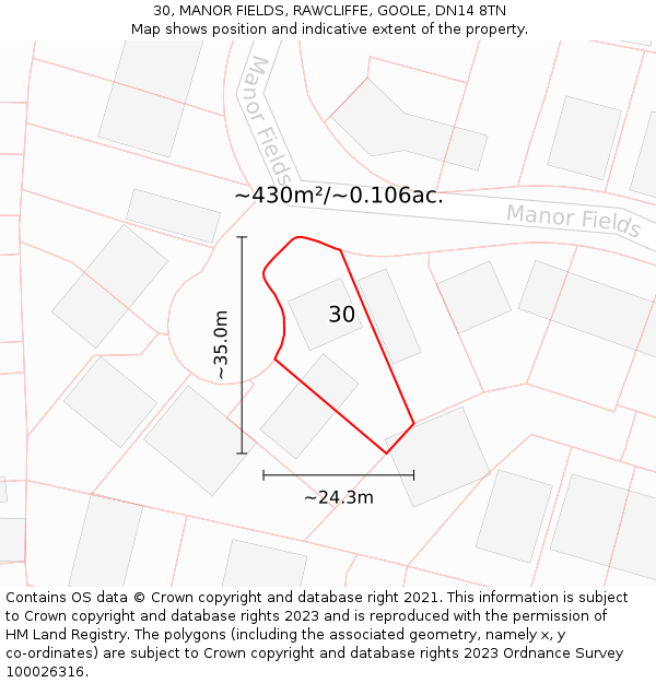 30, MANOR FIELDS, RAWCLIFFE, GOOLE, DN14 8TN: Plot and title map