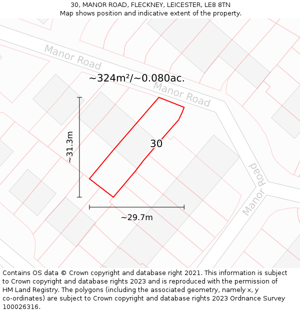 30, MANOR ROAD, FLECKNEY, LEICESTER, LE8 8TN: Plot and title map