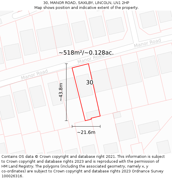 30, MANOR ROAD, SAXILBY, LINCOLN, LN1 2HP: Plot and title map
