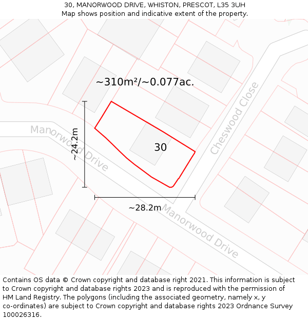 30, MANORWOOD DRIVE, WHISTON, PRESCOT, L35 3UH: Plot and title map