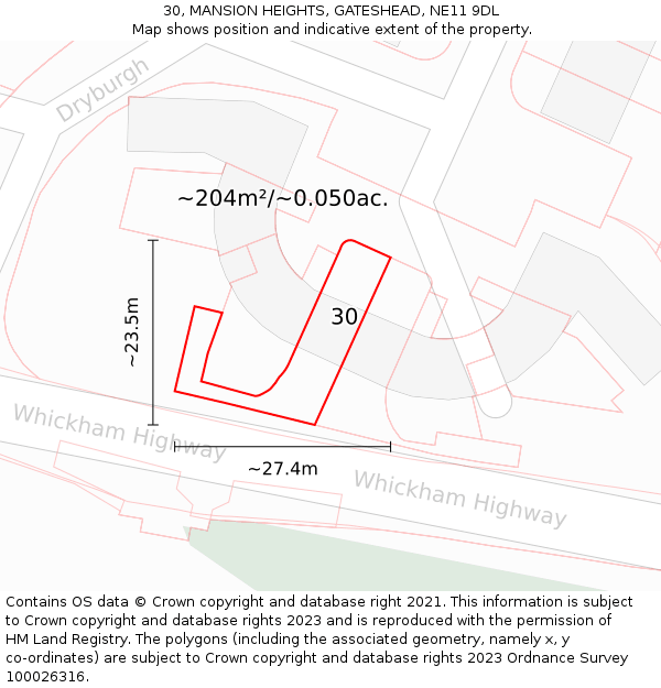 30, MANSION HEIGHTS, GATESHEAD, NE11 9DL: Plot and title map