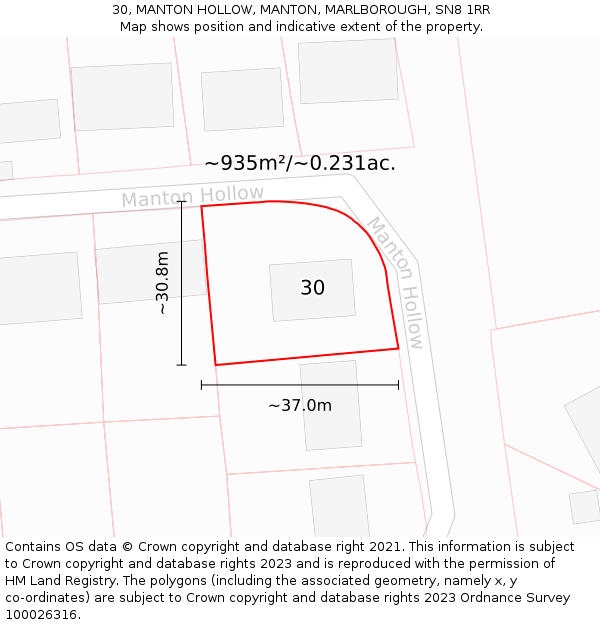 30, MANTON HOLLOW, MANTON, MARLBOROUGH, SN8 1RR: Plot and title map