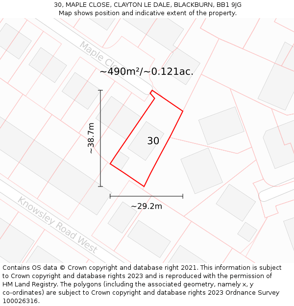 30, MAPLE CLOSE, CLAYTON LE DALE, BLACKBURN, BB1 9JG: Plot and title map