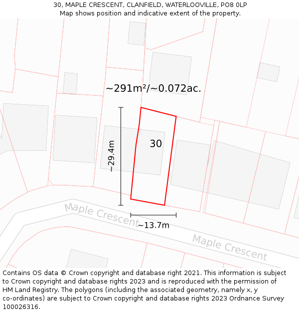 30, MAPLE CRESCENT, CLANFIELD, WATERLOOVILLE, PO8 0LP: Plot and title map