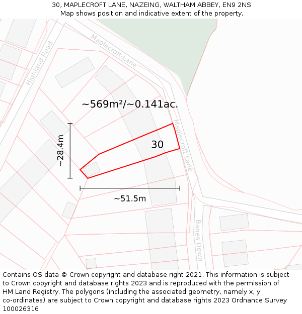 30, MAPLECROFT LANE, NAZEING, WALTHAM ABBEY, EN9 2NS: Plot and title map