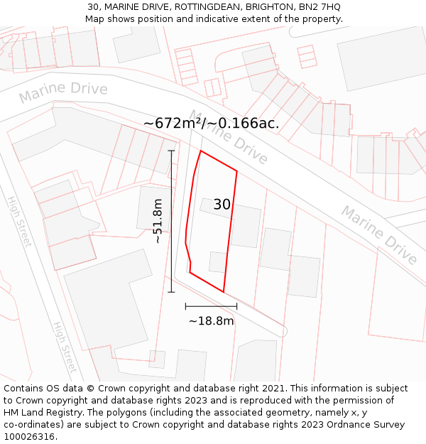 30, MARINE DRIVE, ROTTINGDEAN, BRIGHTON, BN2 7HQ: Plot and title map
