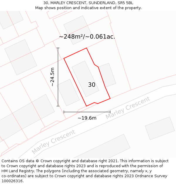 30, MARLEY CRESCENT, SUNDERLAND, SR5 5BL: Plot and title map