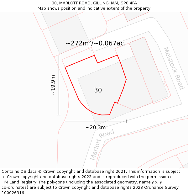 30, MARLOTT ROAD, GILLINGHAM, SP8 4FA: Plot and title map