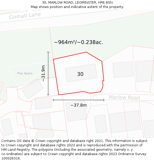30, MARLOW ROAD, LEOMINSTER, HR6 8SN: Plot and title map