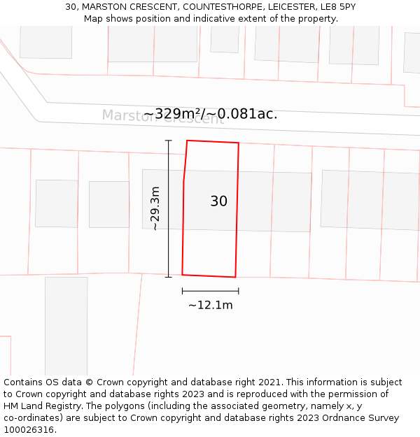 30, MARSTON CRESCENT, COUNTESTHORPE, LEICESTER, LE8 5PY: Plot and title map