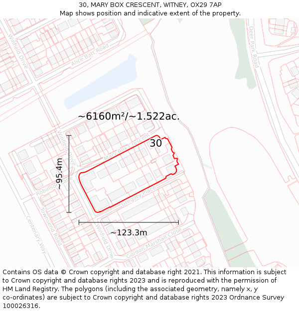 30, MARY BOX CRESCENT, WITNEY, OX29 7AP: Plot and title map