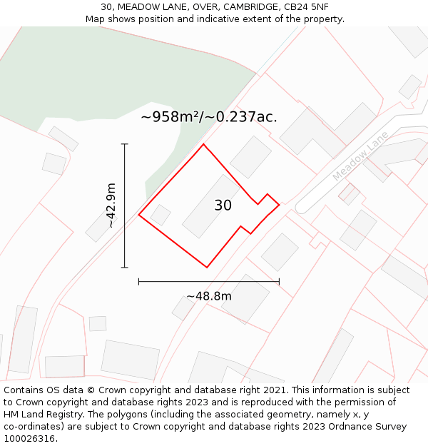 30, MEADOW LANE, OVER, CAMBRIDGE, CB24 5NF: Plot and title map