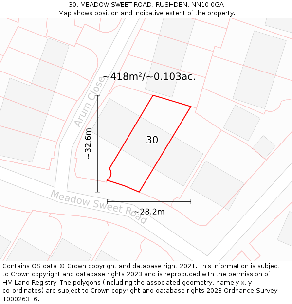 30, MEADOW SWEET ROAD, RUSHDEN, NN10 0GA: Plot and title map