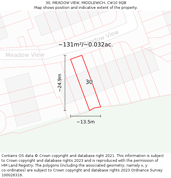 30, MEADOW VIEW, MIDDLEWICH, CW10 9QB: Plot and title map