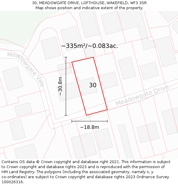 30, MEADOWGATE DRIVE, LOFTHOUSE, WAKEFIELD, WF3 3SR: Plot and title map