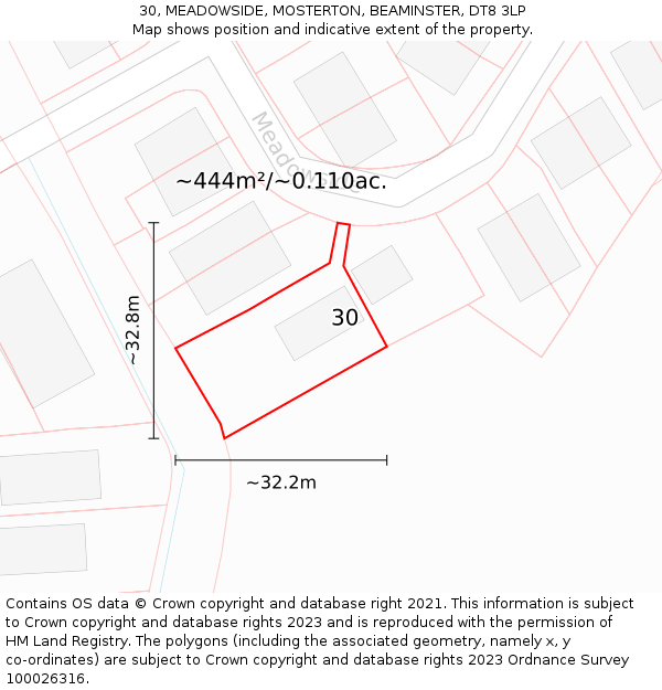 30, MEADOWSIDE, MOSTERTON, BEAMINSTER, DT8 3LP: Plot and title map