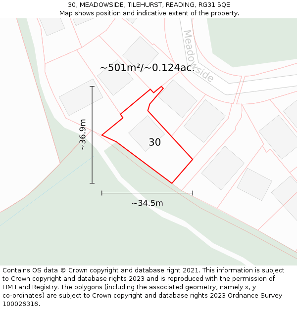 30, MEADOWSIDE, TILEHURST, READING, RG31 5QE: Plot and title map