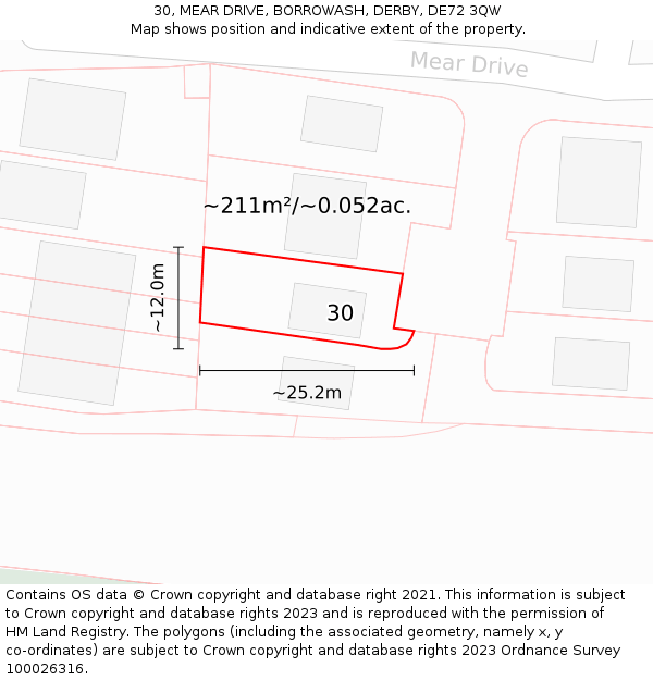 30, MEAR DRIVE, BORROWASH, DERBY, DE72 3QW: Plot and title map