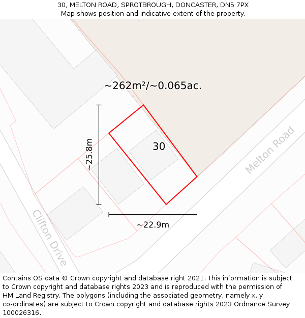 30, MELTON ROAD, SPROTBROUGH, DONCASTER, DN5 7PX: Plot and title map