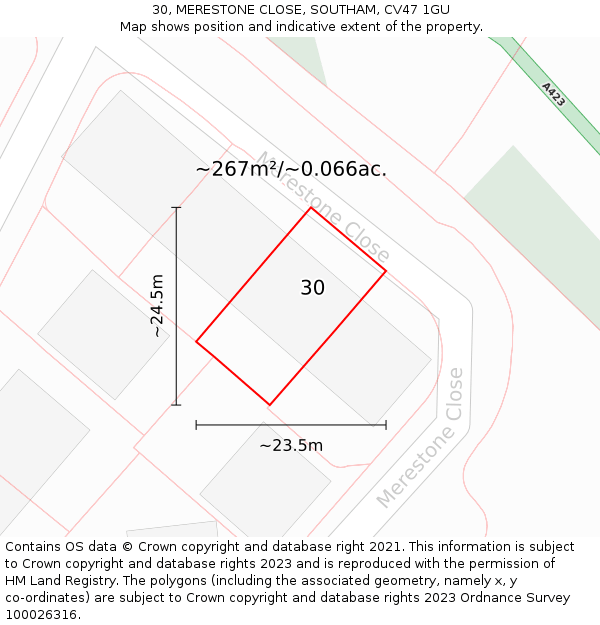 30, MERESTONE CLOSE, SOUTHAM, CV47 1GU: Plot and title map