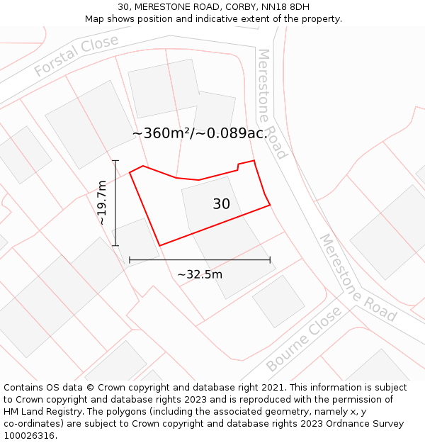 30, MERESTONE ROAD, CORBY, NN18 8DH: Plot and title map