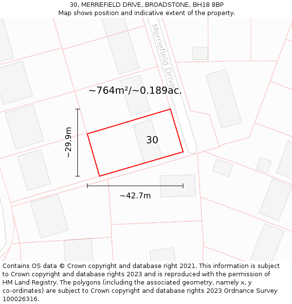 30, MERRIEFIELD DRIVE, BROADSTONE, BH18 8BP: Plot and title map