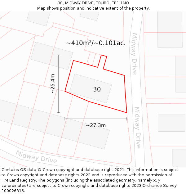 30, MIDWAY DRIVE, TRURO, TR1 1NQ: Plot and title map