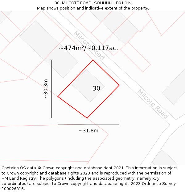 30, MILCOTE ROAD, SOLIHULL, B91 1JN: Plot and title map