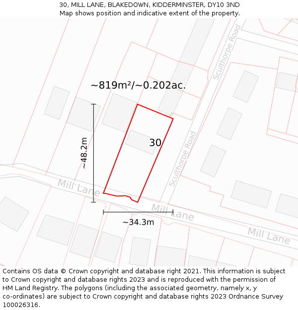 30, MILL LANE, BLAKEDOWN, KIDDERMINSTER, DY10 3ND: Plot and title map