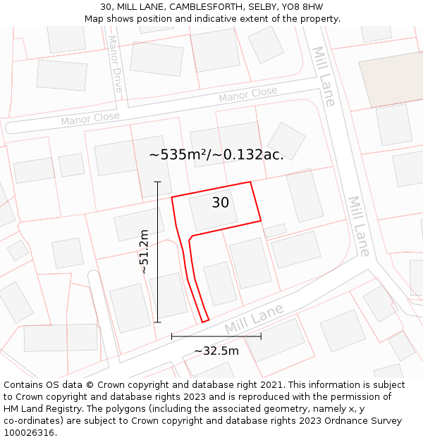 30, MILL LANE, CAMBLESFORTH, SELBY, YO8 8HW: Plot and title map