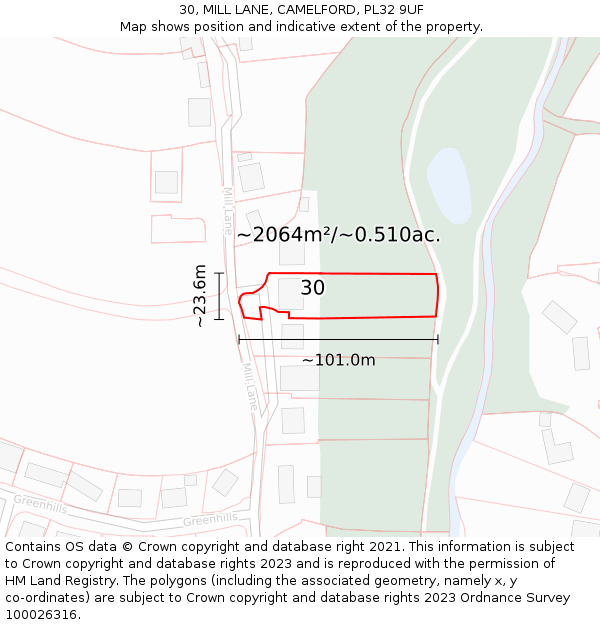 30, MILL LANE, CAMELFORD, PL32 9UF: Plot and title map