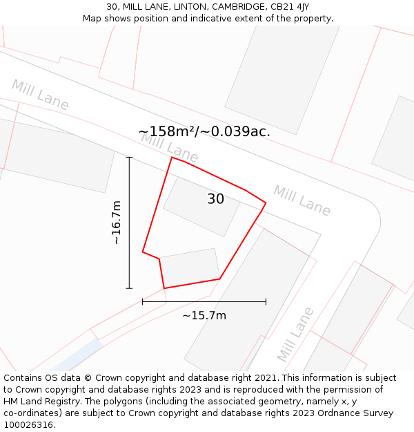 30, MILL LANE, LINTON, CAMBRIDGE, CB21 4JY: Plot and title map