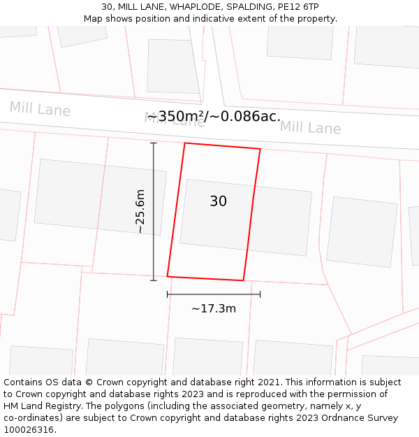 30, MILL LANE, WHAPLODE, SPALDING, PE12 6TP: Plot and title map