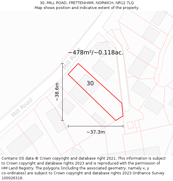 30, MILL ROAD, FRETTENHAM, NORWICH, NR12 7LQ: Plot and title map
