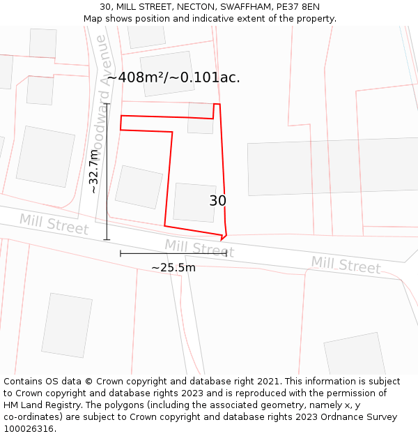 30, MILL STREET, NECTON, SWAFFHAM, PE37 8EN: Plot and title map