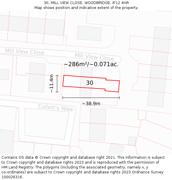 30, MILL VIEW CLOSE, WOODBRIDGE, IP12 4HR: Plot and title map