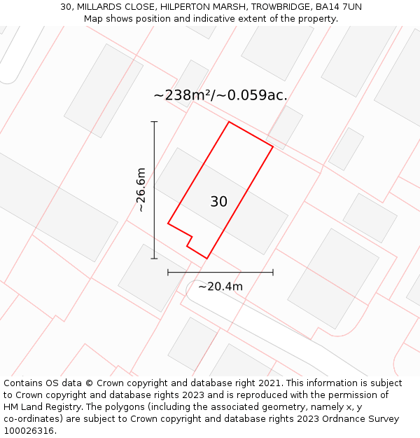30, MILLARDS CLOSE, HILPERTON MARSH, TROWBRIDGE, BA14 7UN: Plot and title map