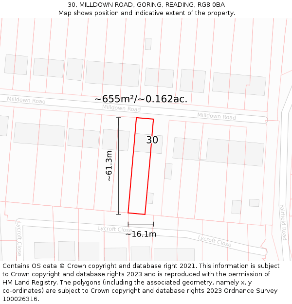 30, MILLDOWN ROAD, GORING, READING, RG8 0BA: Plot and title map