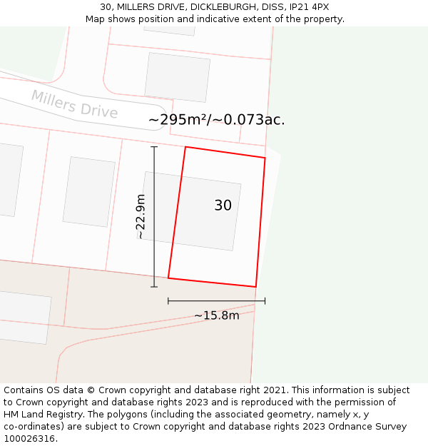 30, MILLERS DRIVE, DICKLEBURGH, DISS, IP21 4PX: Plot and title map