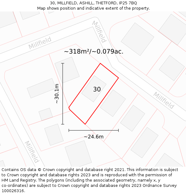 30, MILLFIELD, ASHILL, THETFORD, IP25 7BQ: Plot and title map