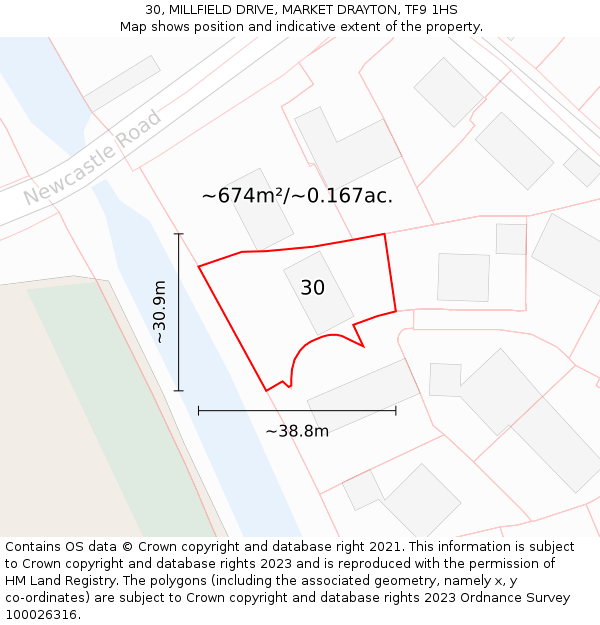 30, MILLFIELD DRIVE, MARKET DRAYTON, TF9 1HS: Plot and title map