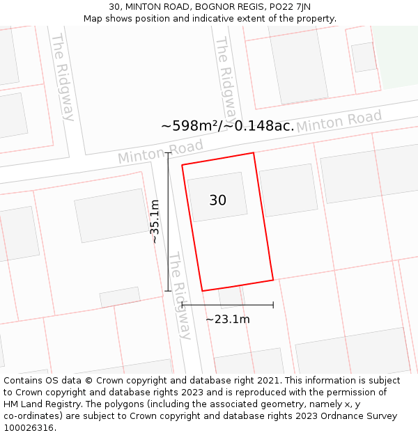 30, MINTON ROAD, BOGNOR REGIS, PO22 7JN: Plot and title map