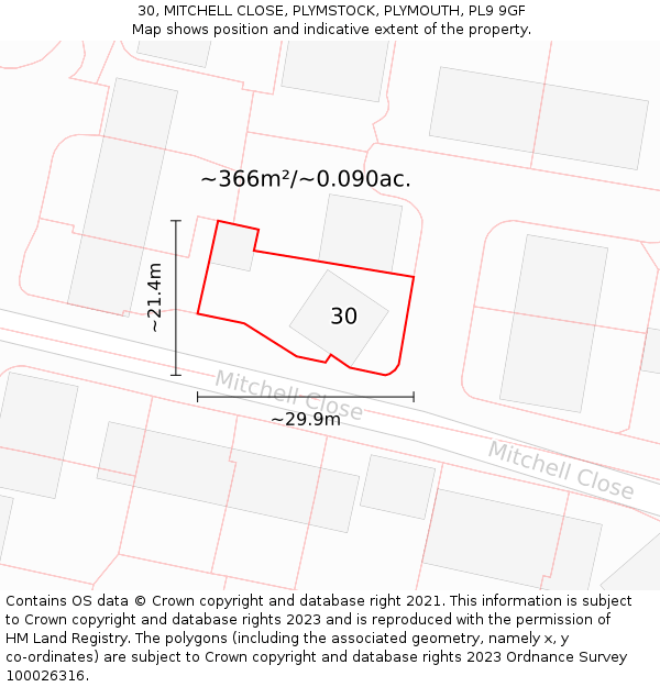 30, MITCHELL CLOSE, PLYMSTOCK, PLYMOUTH, PL9 9GF: Plot and title map