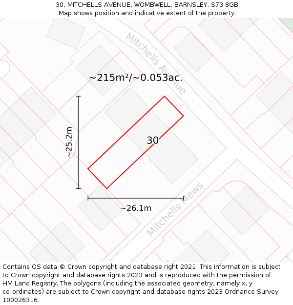 30, MITCHELLS AVENUE, WOMBWELL, BARNSLEY, S73 8GB: Plot and title map