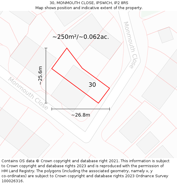 30, MONMOUTH CLOSE, IPSWICH, IP2 8RS: Plot and title map