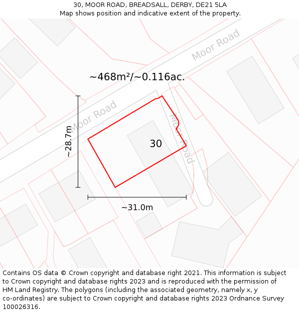 30, MOOR ROAD, BREADSALL, DERBY, DE21 5LA: Plot and title map