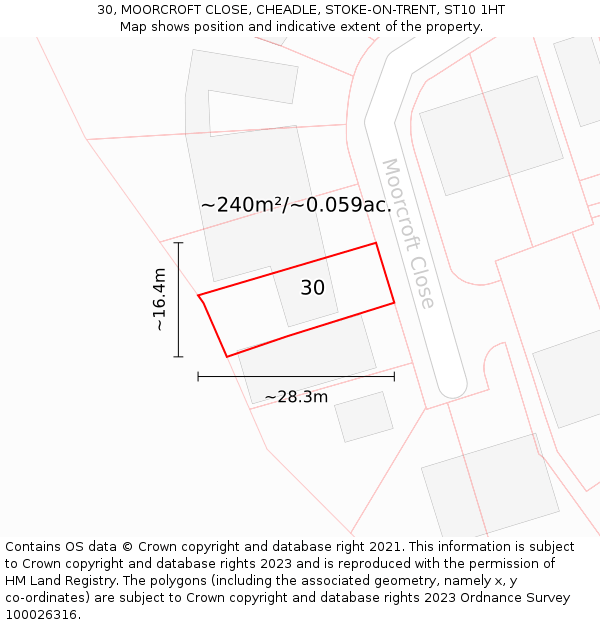 30, MOORCROFT CLOSE, CHEADLE, STOKE-ON-TRENT, ST10 1HT: Plot and title map