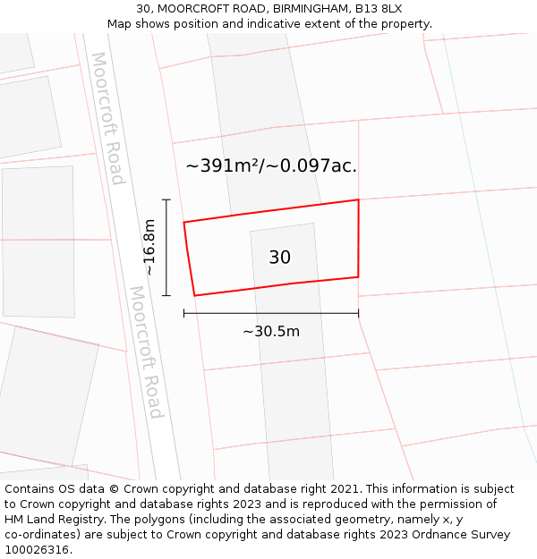 30, MOORCROFT ROAD, BIRMINGHAM, B13 8LX: Plot and title map