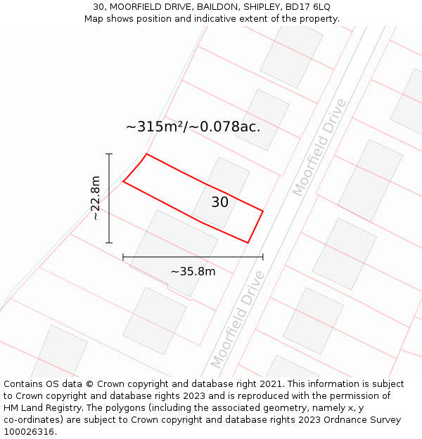 30, MOORFIELD DRIVE, BAILDON, SHIPLEY, BD17 6LQ: Plot and title map