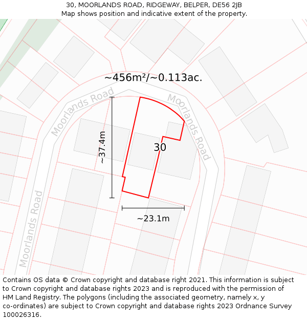 30, MOORLANDS ROAD, RIDGEWAY, BELPER, DE56 2JB: Plot and title map